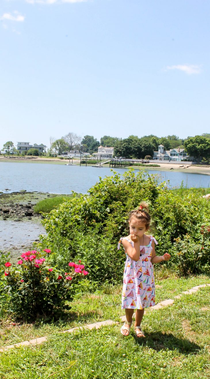 Little girl blowing a grass whistle on the coastline