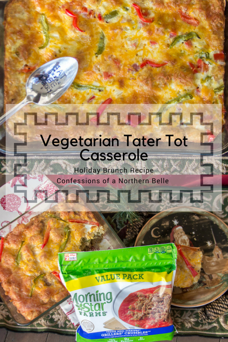 Meatless Tater Tot Casserole or Vegetarian Brunch Recipe with Morning Star Farms Grillers Crumbles, Eggs, Cheese, Onions, and Red and Green Peppers.