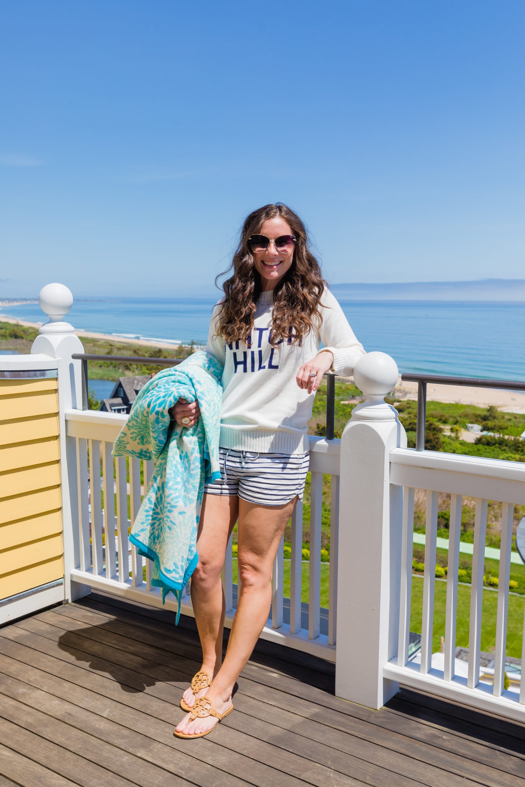 watch hill sweater, striped shorts, chappy wrap and neutral sandals