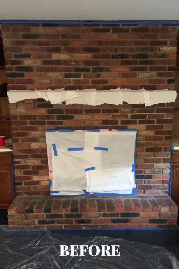 Brick Fireplace taped for Whitewash