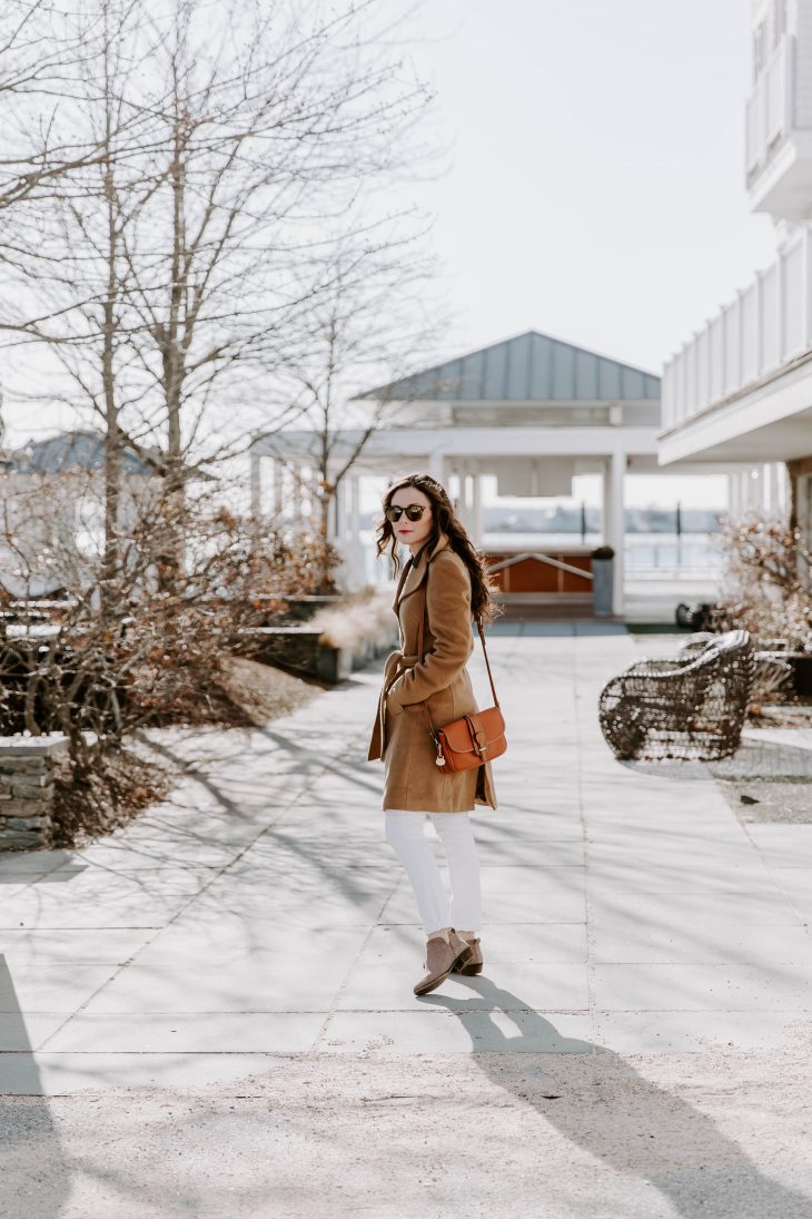 Fall Style Blogger Camel Peacoat, Leather Purse, White Denim, Tan Booties