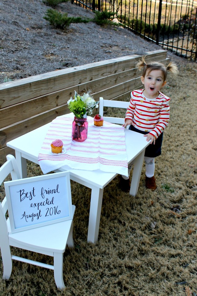 Big Sister Pregnancy Announcement - Best Friend Expected at Little Kid Table with Cupcakes