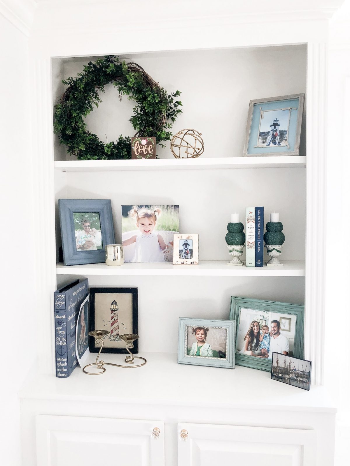Built In Shelf Styling with Greens and Blues