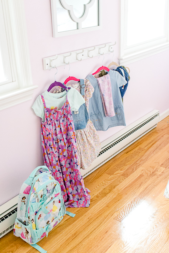 Clothes Hanging on Hook Shelf - tips to Get Kids Ready for School