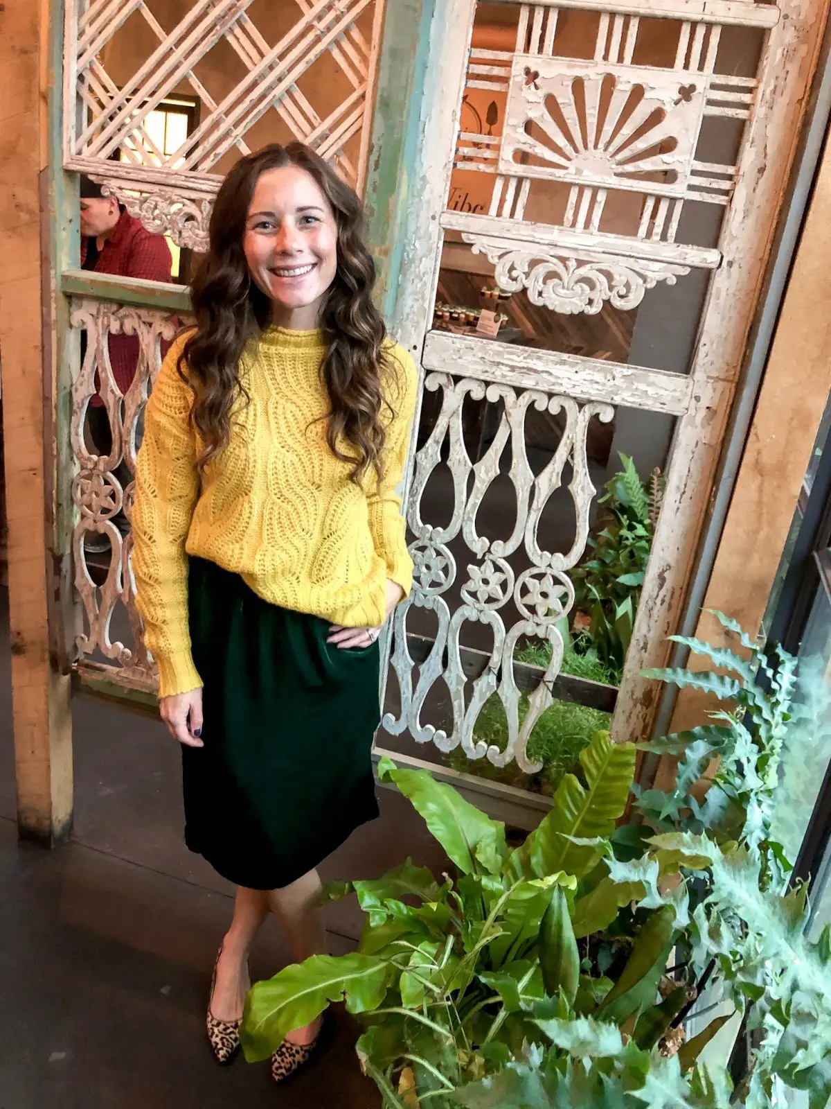 Yellow Cable Knit Sweater and Green Velvet Pull on Skirt JCrew 