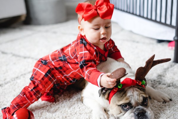 Baby in Christmas Pjs and Dog with Reindeer Ears