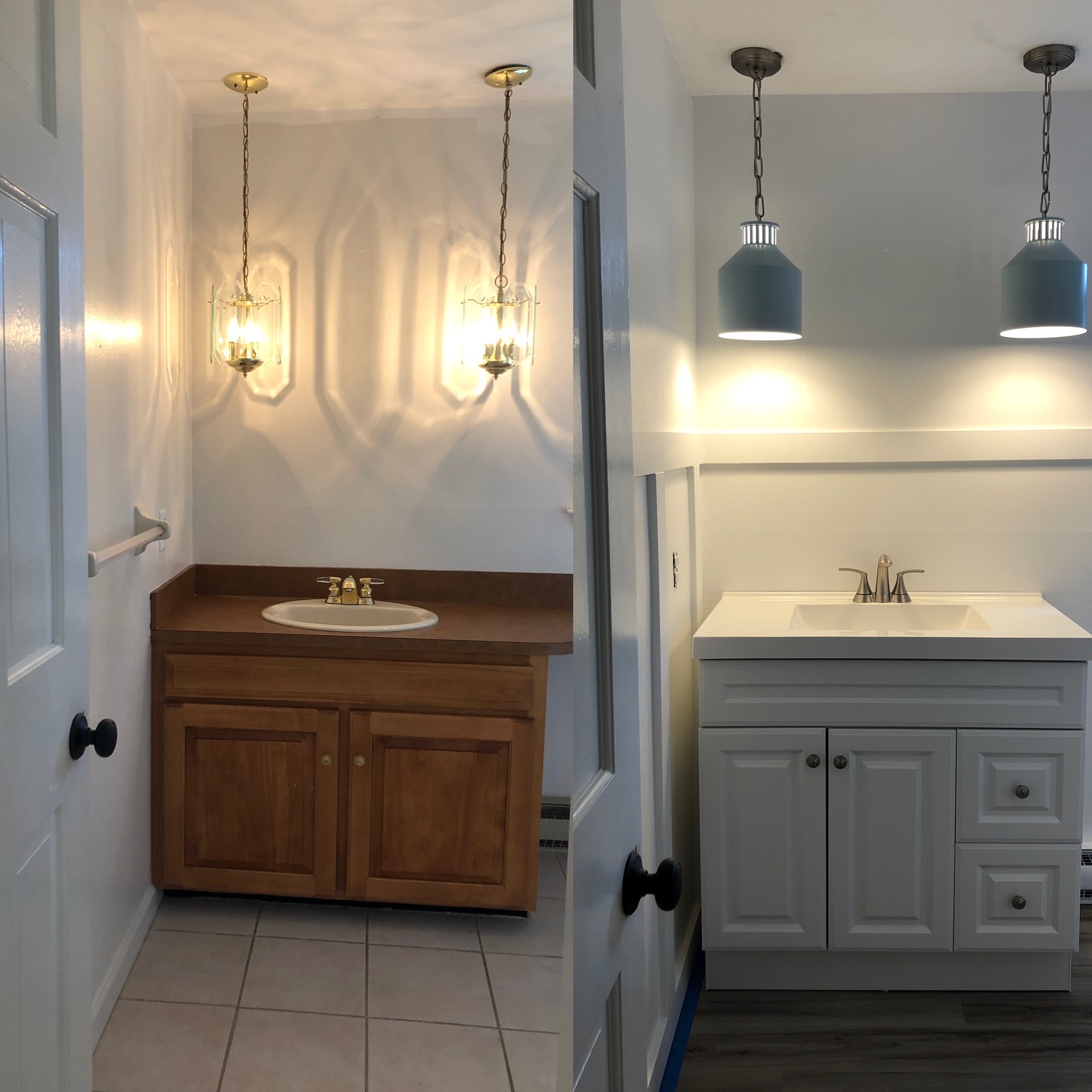 Bathroom Renovation Before and After - White Board and Batten, White Vanity, Light Blue Light Fixtures Pendant Style