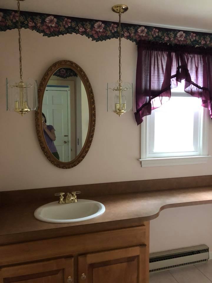 1970s purple and pink bathroom wood vanity