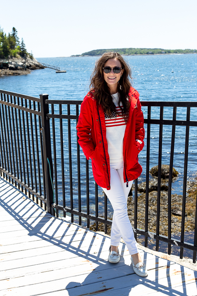 joules red raincoat, american flag sweater, white denim, boating outfit for Maine