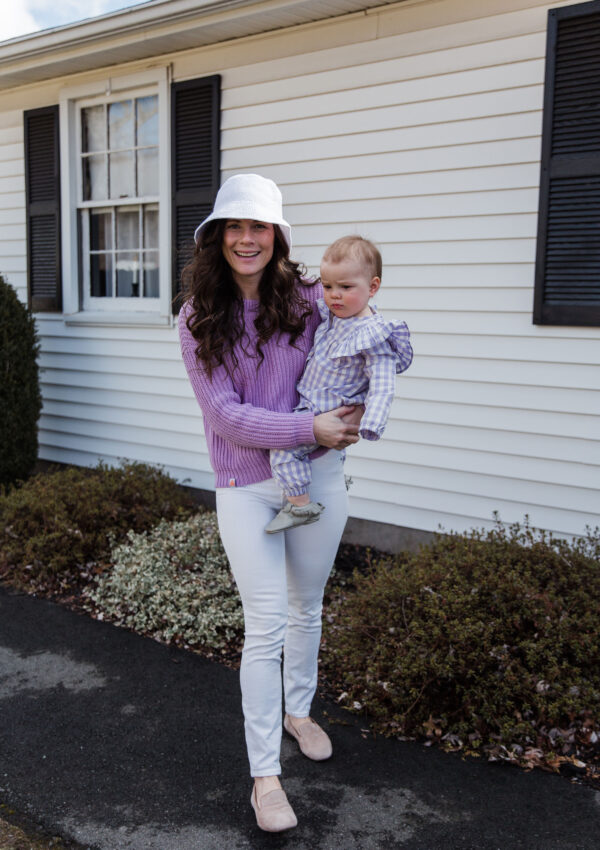 White bucket Hat Style with knit purple sweater with white denim Caitlin Houston Blog