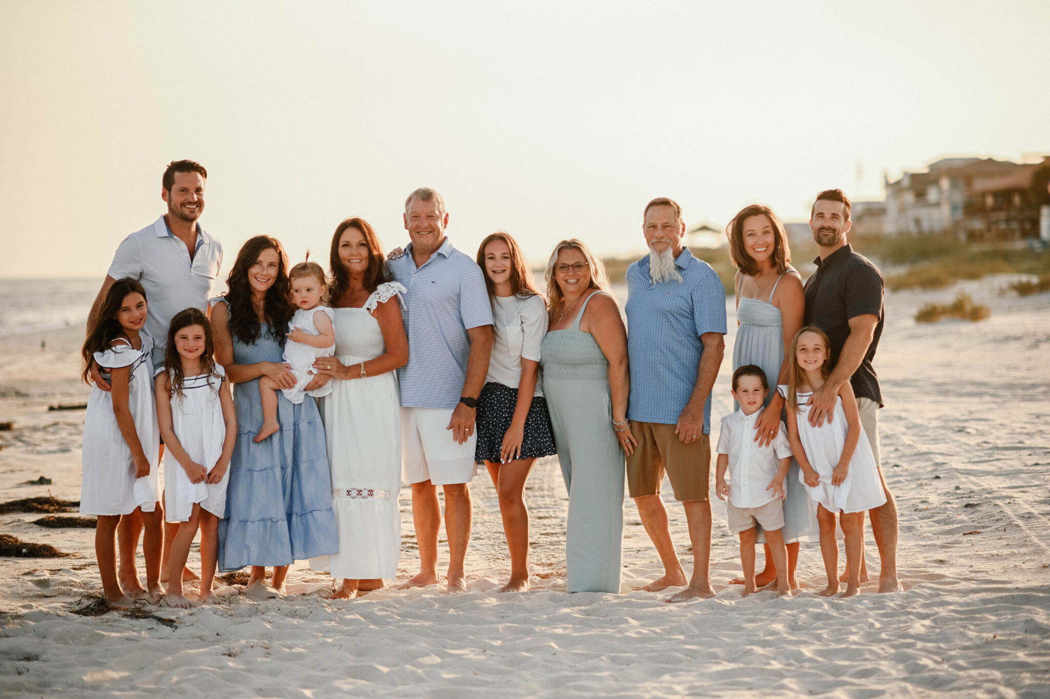 Example of Large Family Pictures at the Beach Barefoot White and Blue Outfits