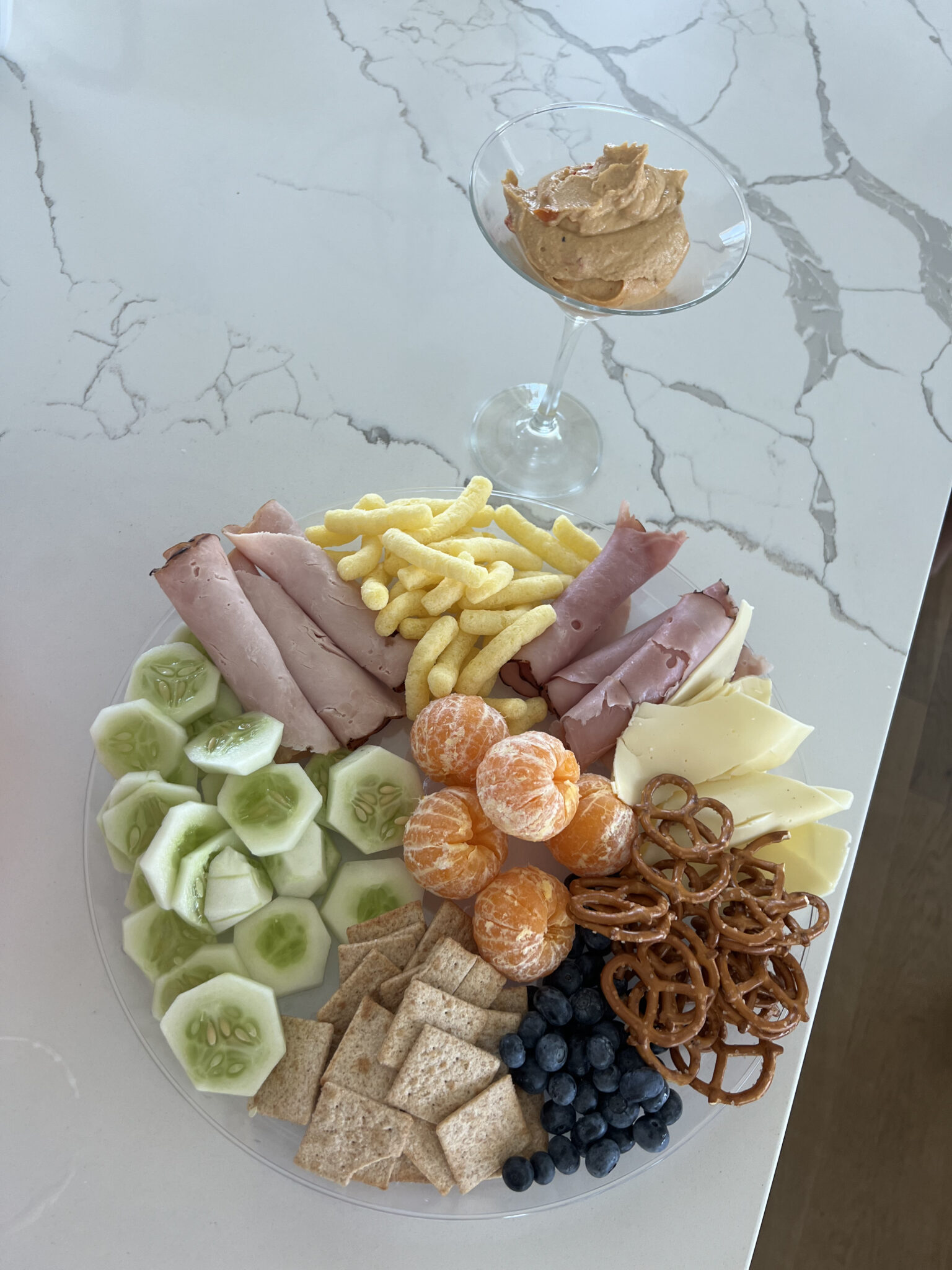 Kids Snack Plate with hummus in Martini Glass